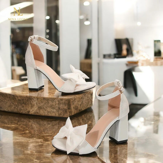 Ivory Grace Bow Block-Heel Sandals -Modern Classic