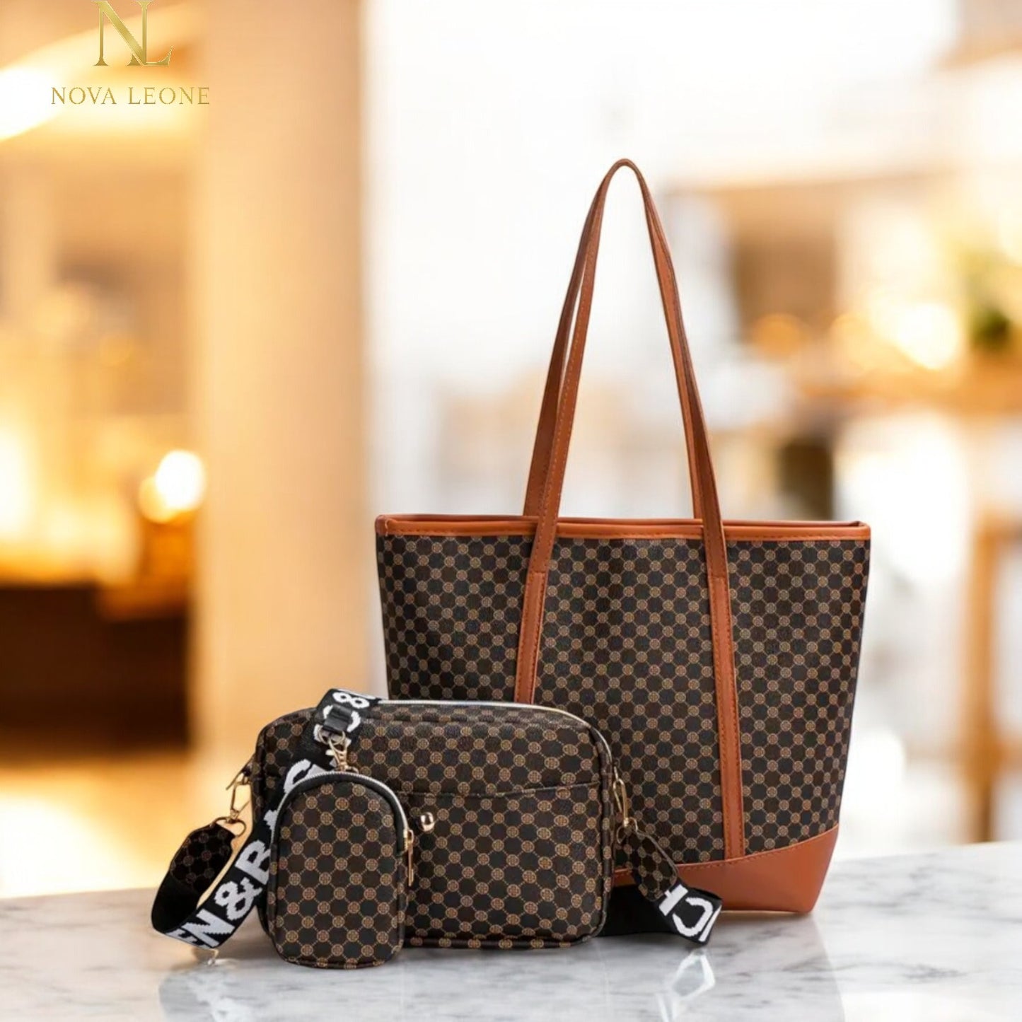 NL Luxe Checkered Tote Trio - Tote + Crossbody + Mini Pouch