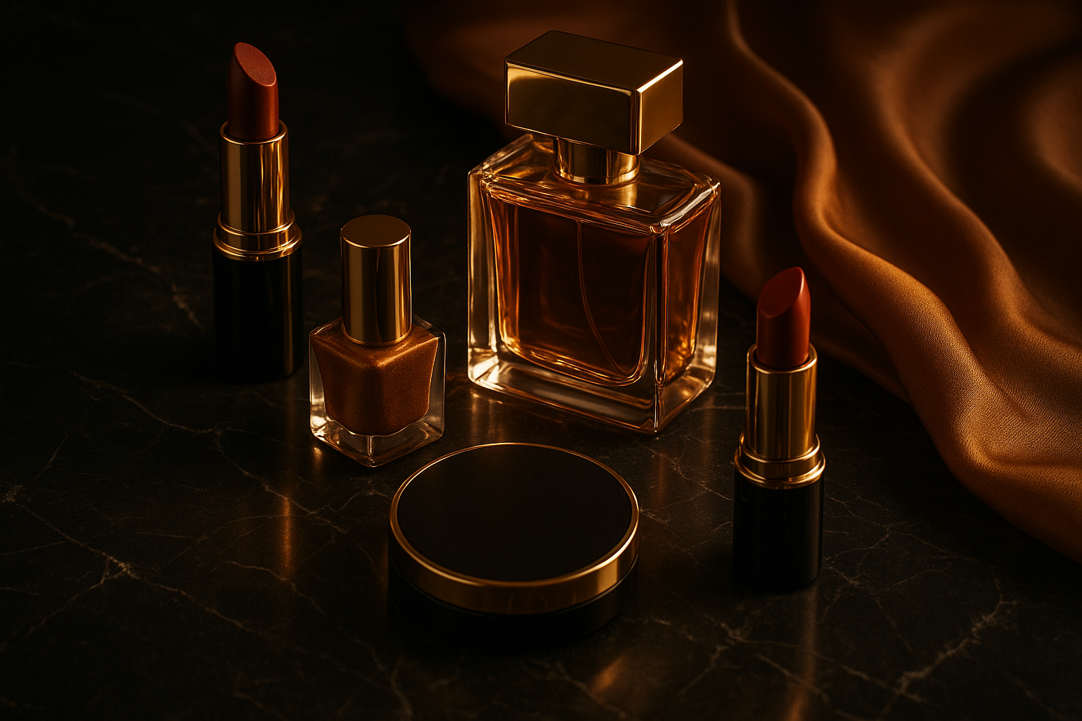 A composition of elegant cosmetics & perfume bottles on a dark marble or silk background, warm amber lighting, gold highlights, cinematic luxury tone, mobile-optimized.